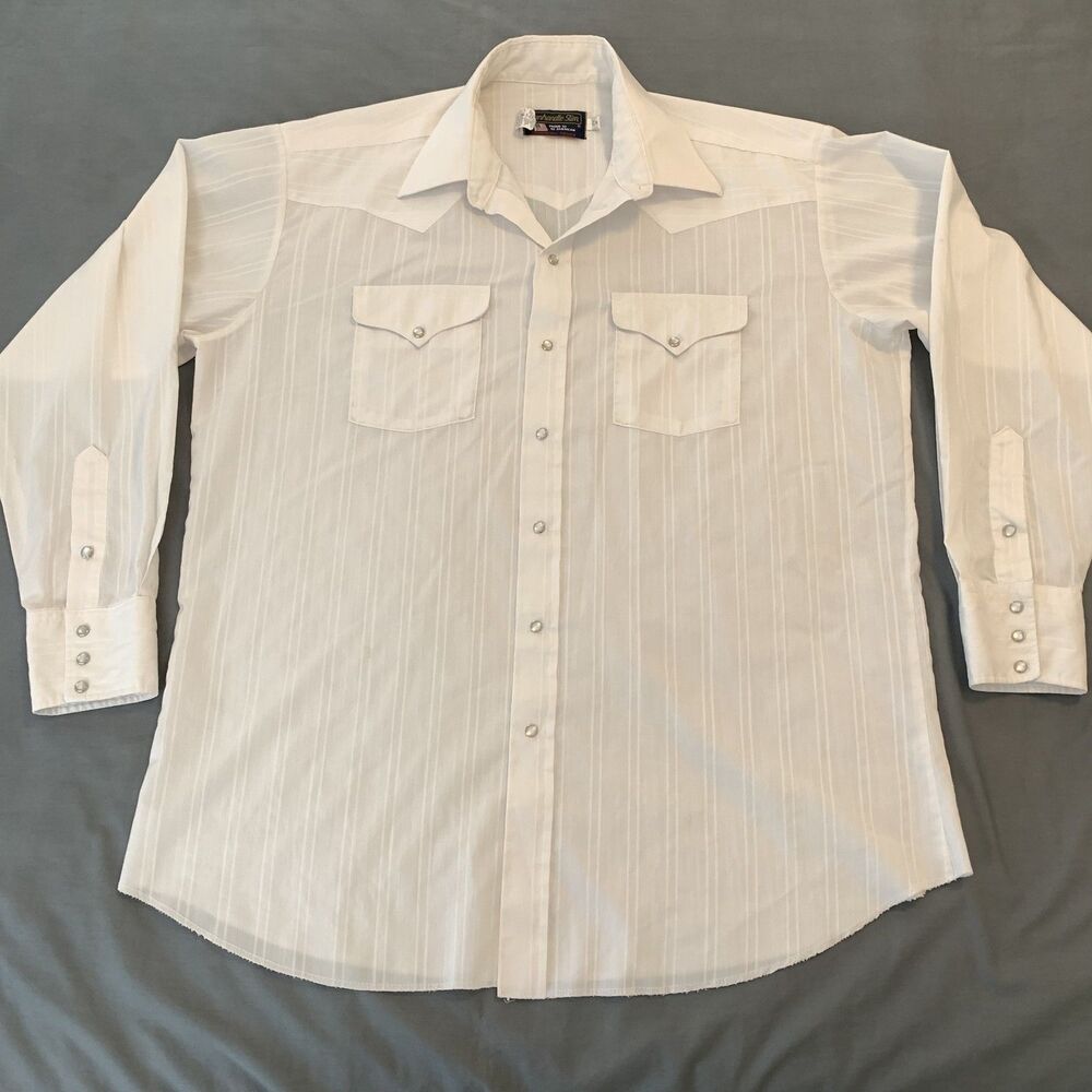 Vintage Panhandle Slim Shirt Mens‎ 17.5 Large White Western Pearl Snap USA 70s